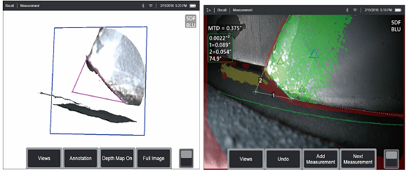 使用Mentor Visual iQ測量發動機葉片掉角面積 使用Mentor Visual iQ測量發動機葉片掉角面積